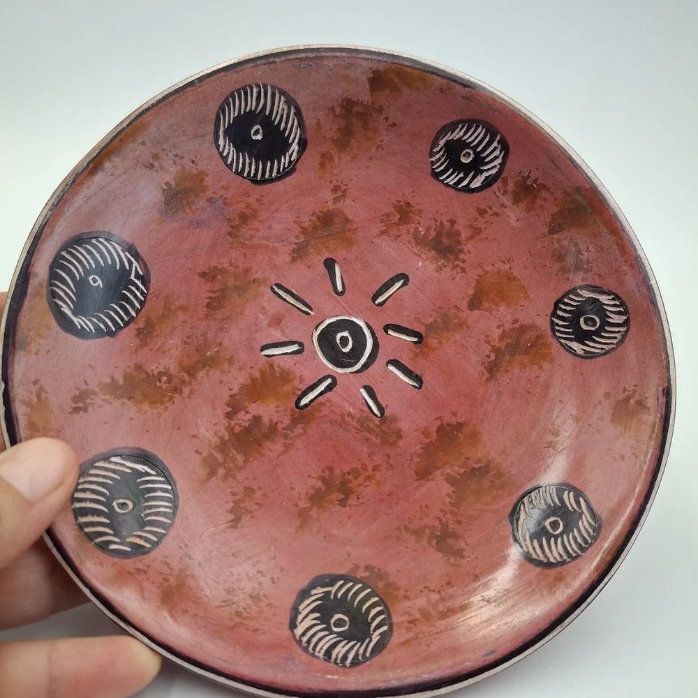 Vintage Southwest Redware Pottery Plate Hand Etched Sun Sgraffito 6